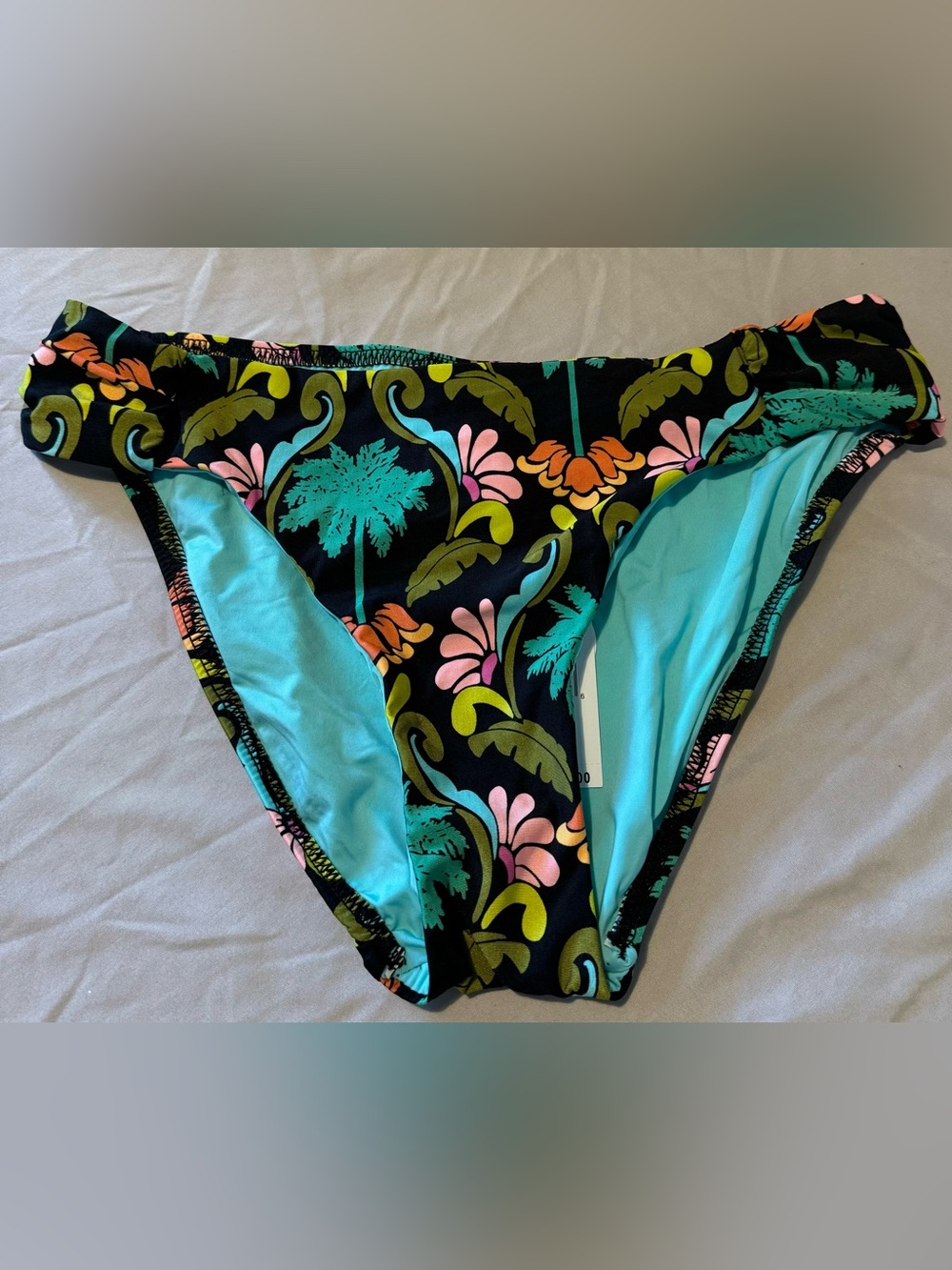 Women’s Tropical Print Bikini Bottoms - Black with Teal Lining